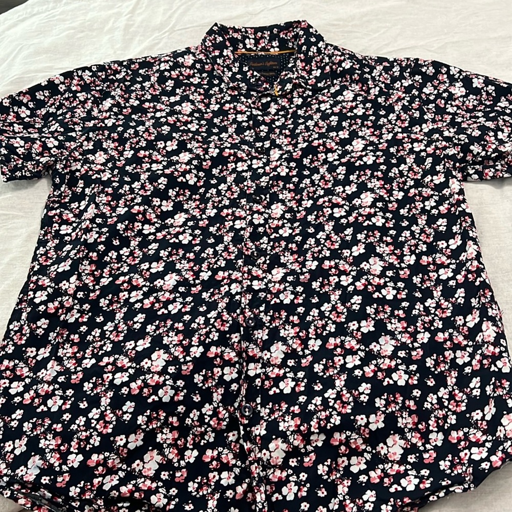 Navy and pink floral button-down short-sleeve shirt